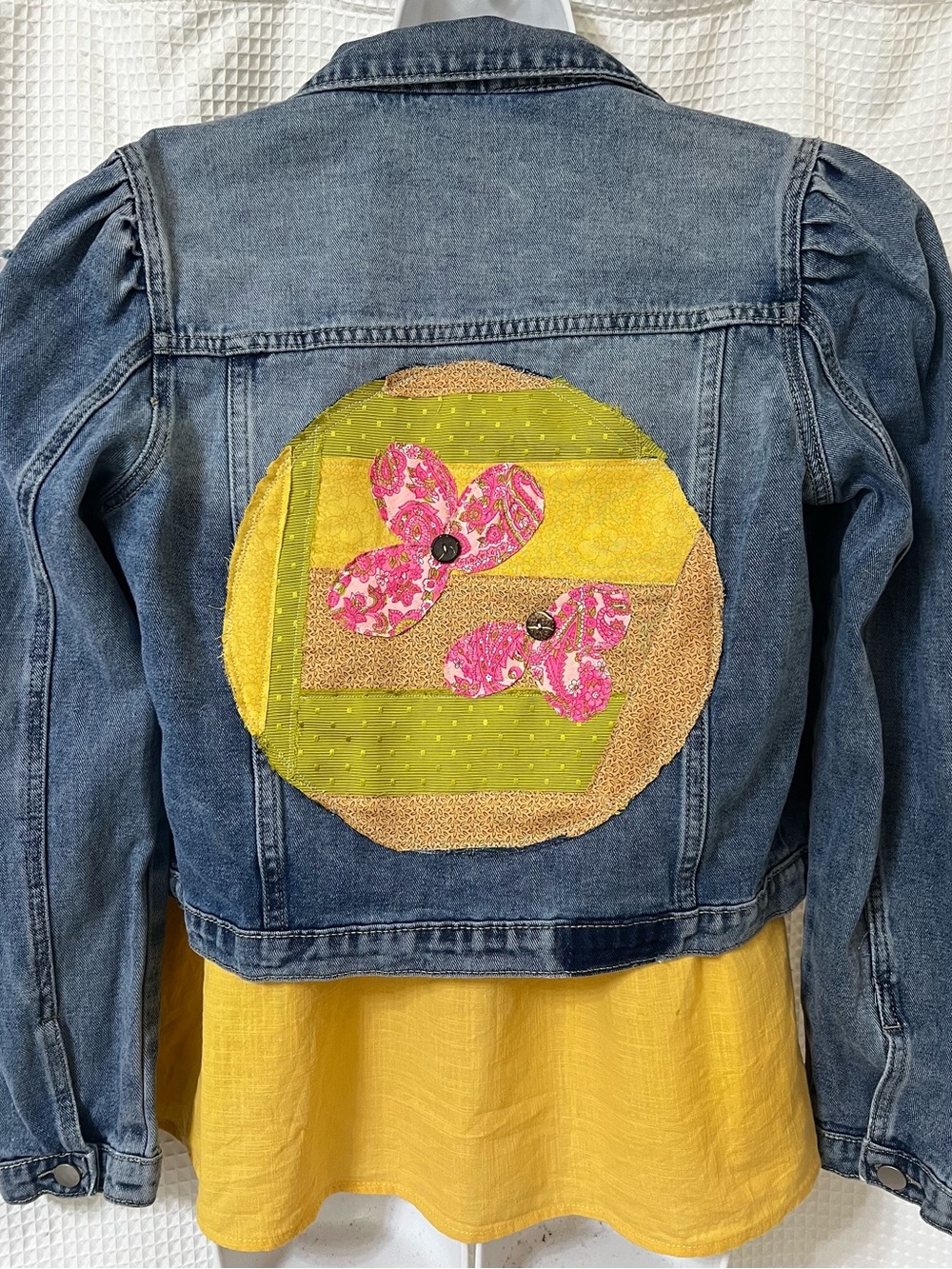 Upcycled Denim Jacket Womens SZ M Distress Puff Sleeve OOAK